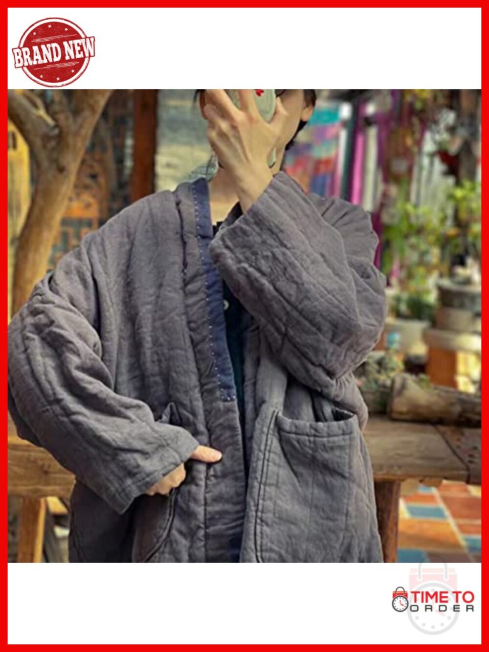 Quilted Open Front Kimono Jacket Long Coat Oversized Winter Linen - Picture 4 of 6